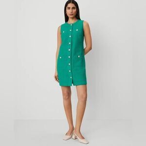 Ann Taylor Green Tweed Mini Sheath Dress Sz 2 Petite Gold Buttons Sleeveless NEW